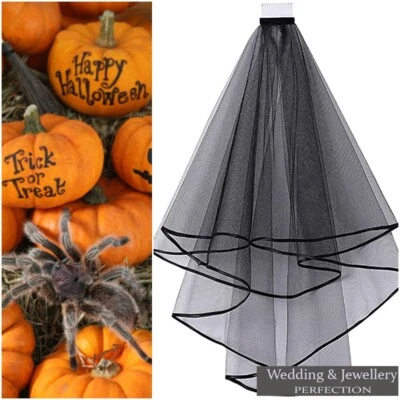 BLACK Wedding Gothic HALLOWEEN Veil Edge Comb Elbow Length Fancy Dress Party 2T - Image 1 of 4