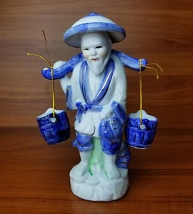 Blue White Vintage Asian Chinese Fisherman with 3 Bait Water Buckets Oriental - Picture 1 of 10