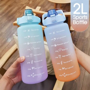 2L Large Sports Water Bottle Capacity Straw Time Motivational Fitness Jugs Set - Picture 1 of 18