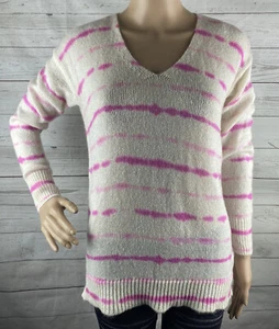 Jennifer Lopez Pullover XS elfenbein hellrosa abstrakt gestreift V-Ausschnitt dünner Strick - Bild 1 von 12