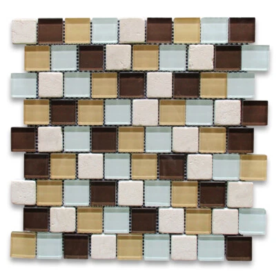 A23001 Glass Mosaic Tile White Brown Yellow Glass Beige Travertine Backsplash - Image 1 of 4
