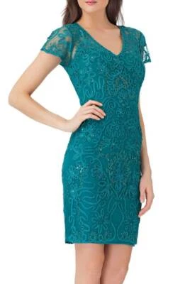 JS COLLECTIONS Jade Green Beaded Soutache V-Neck Bodycon Sheath Mini Dress 6 = S - Image 1 of 4
