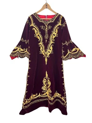 Vintage Maroon Velvet Embroidered Gold Kaftan Salwar Hippie Boho Dress - Image 1 of 4