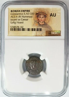 Констанций II Римская империя BI Nummus AE3/4 NGC AU Древний Epfig Клад Родословная - Изображение 1 из 4