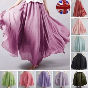 Ladies Womens Cotton Linen Skirt Pleated Beach Boho Maxi Elasticated Waist Dress - Picture 1 of 18