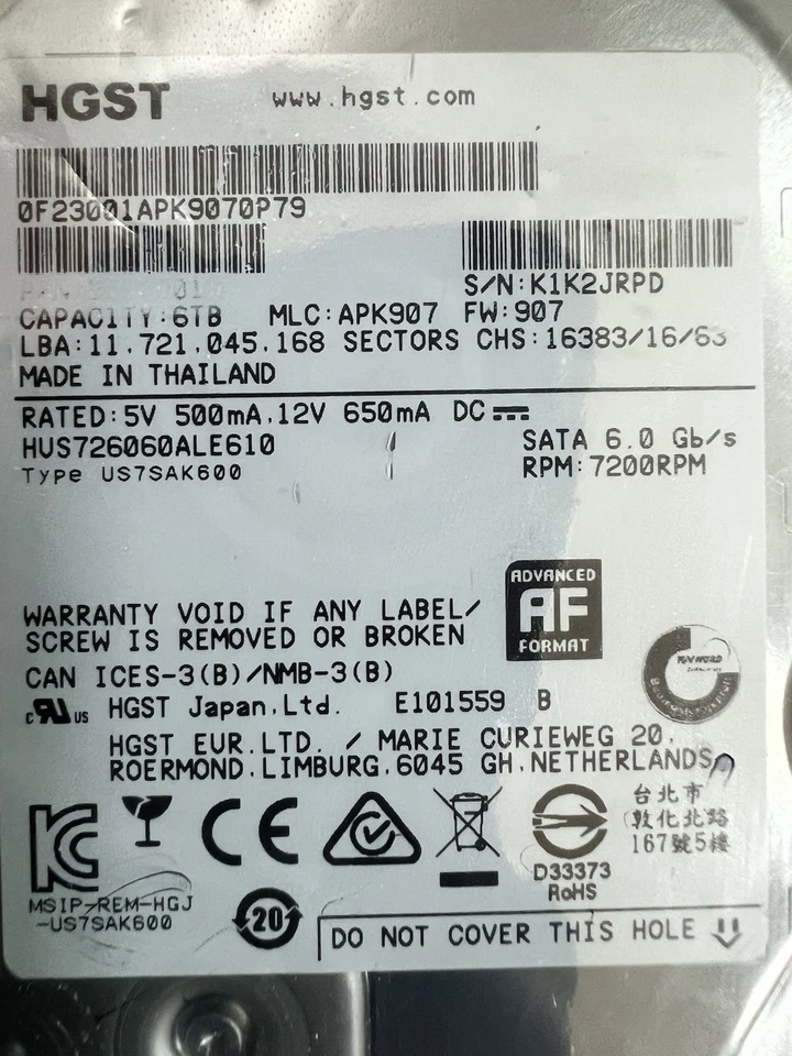 HGST 6TB 64MB Cache 7200RPM SATA 6.0Gb/s 3.5" Hard Drive - HUS726060ALE610 - Image 1 of 1