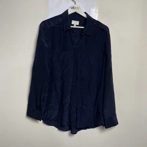 Witchery Silk Button Up Shirt Size 12 Navy Long Sleeve Solid Damaged - Picture 1 of 13