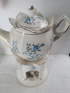 Castle Court BLUE ROSE, Ceramic Teapot w/Lid and Warmer, 11” Japan Gold Rim - Picture 1 of 3