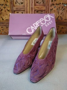 Women’s Caressa East Purple Suede Leather Pumps sz 9N Embroidered Swirl CUTE! - Picture 1 of 11