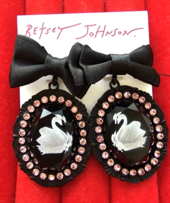Betsey Johnson Gothic Black Swan Cameo Pink Crystal Bow Drop Earrings NEW - Image 1 of 3