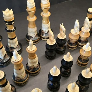Hand Carved Interesting Chess Pieces Vtg Bone Wood 32 Piece Set *READ - Picture 1 of 24
