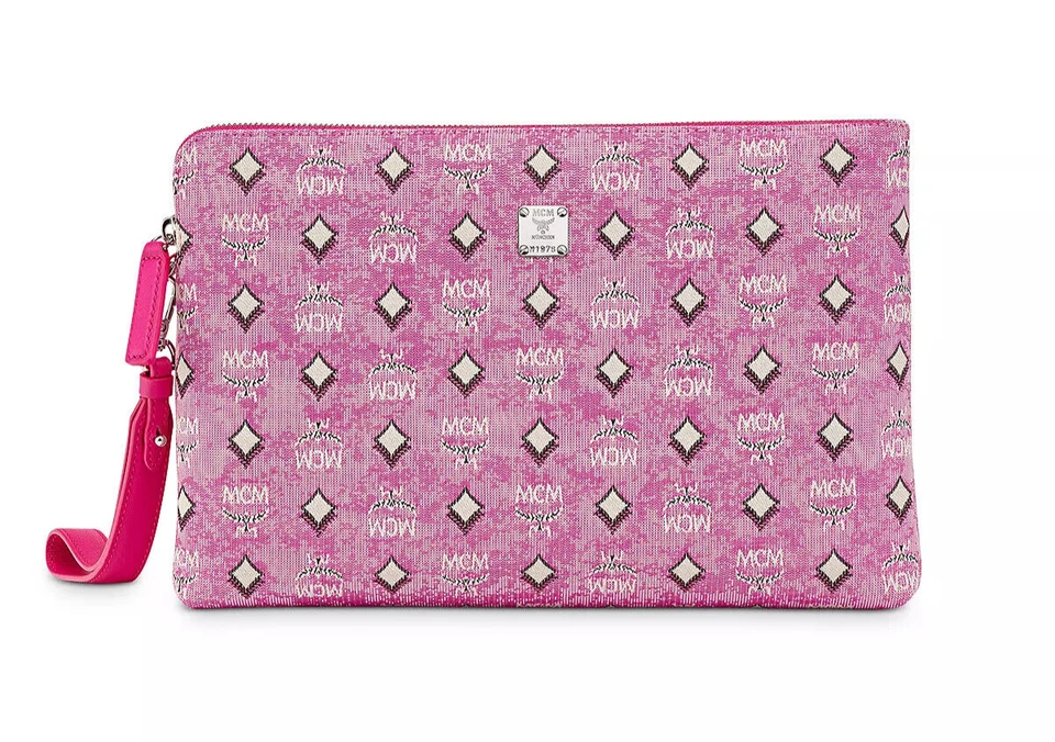 MCM Veritas Medium Pink Denim Monogram Logo Canvas Clutch Pouch Wristlet Handbag