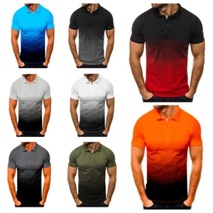 Mens Short Sleeve Polo Shirt Casual Gradient Golf Sport Lapel Slim T-Shirt Tops - Picture 1 of 18