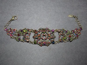 7.5" MULTI COLOR RHINESTONE LINK BRACELET ANTIQUE BRASS METAL BY VCLM SIGNED Vtg - Picture 1 of 2