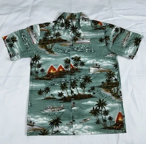 Aloha Republic Shirt Mens M Hawaiian Cotton VTG Print Boat Plane Volcano Palm - Picture 1 of 15