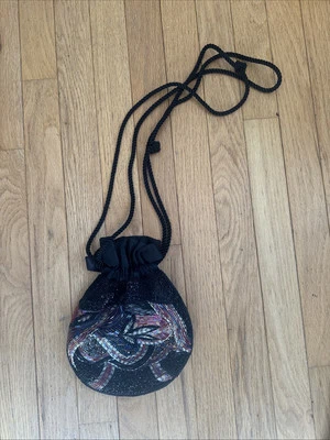 Vintage Beaded Drawstring Purse Satin Lined Strap Shoulder Bag Beads - Image 1 of 4