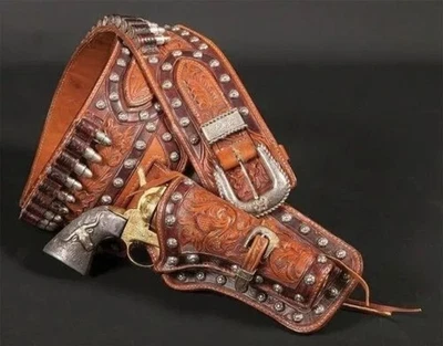 Single & Dual Right/Left Western Leather Revolver Pistol Tooled Gun Holster Belt - Image 1 of 3