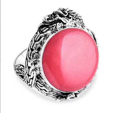 Bali Legacy Pink Jade 17.80 ctw Dragon Flower Filigree Sz7 Ring Sterling Silver - Image 1 of 4
