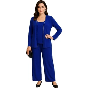 Alex Evenings Blue 3 Piece Pant Suit Set Rhinestone Trim Jacket Top Pants Sz 6  - Picture 1 of 8