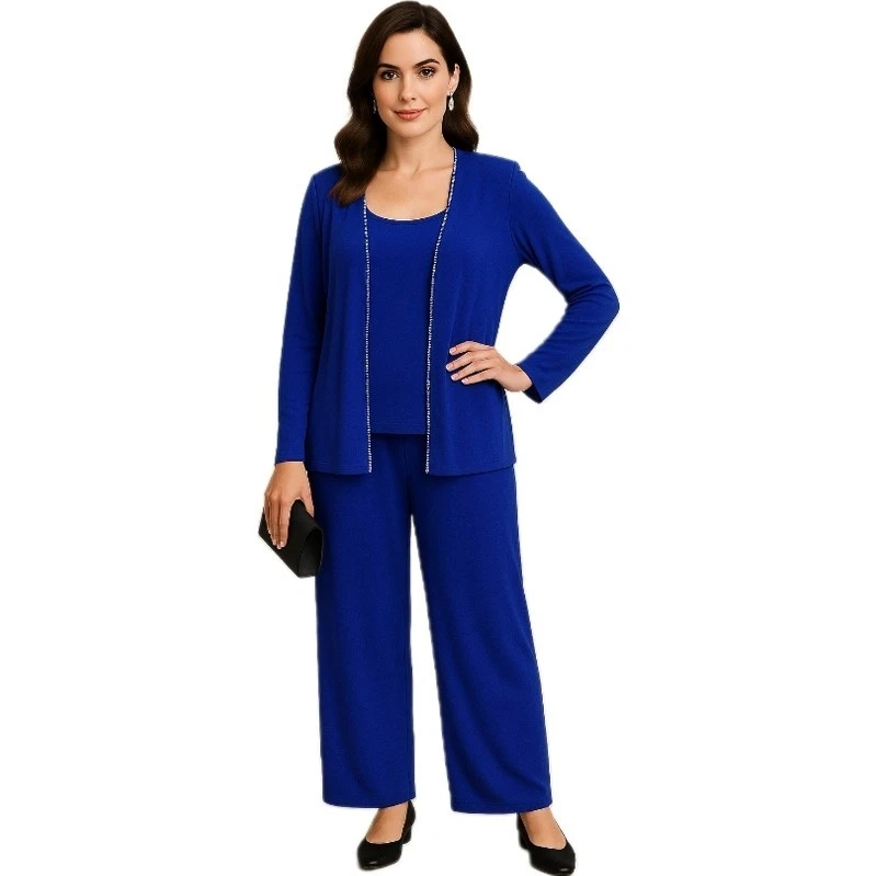 Alex Evenings Blue 3 Piece Pant Suit Set Rhinestone Trim Jacket Top Pants Sz 6  - Image 1 of 4