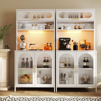 66" Pantry Storage Cabinet w/ Pegboard & Motion Sensor Light 5-Tier White/Black - Image 1 of 4