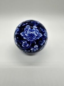 Cobalt Blue Ball & White 3" Heavy Porcelain with Chinese Floral Pattern