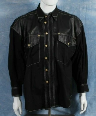 VERSACE JEANS SIGNATURE Black Leather & Cotton shirt size M from 1990's   - Image 1 of 4