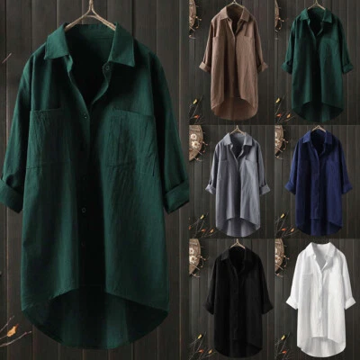 Plus Size Womens Linen Cotton Shirt Dress Casual Baggy Tunic Long Blouse Tops US - Image 1 of 4