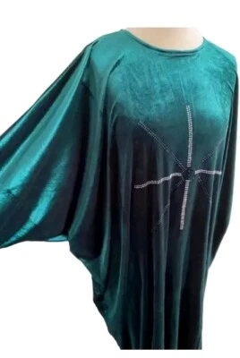 **Quality Ladies Premium Velvet Butterfly Frasha Abaya Diamante Green Size 58 - Image 1 of 4