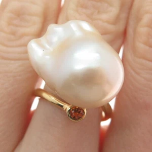 925 Sterling Gold Plated Real Baroque Pearl & Citrine Adjustable Ring Size 6.5 - Picture 1 of 9