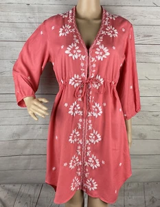 Solitaire Dress Small Pink White Embroidered Flowers 3/4 Sleeves Tie Waist BOHO - Picture 1 of 12