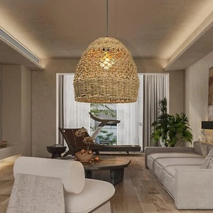 Seagrass Hanging Pendant Light Fixture Handwoven Farmhouse Rattan Chandelier - Picture 1 of 10