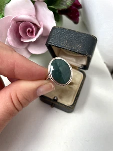 GORGEOUS VINTAGE 925 SOLID STERLING SILVER GREEN MOSS AGATE SIGNET RING SIZE N - Picture 1 of 19