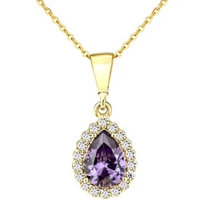 9ct Yellow Gold AMETHYST cz Teardrop Pendant Necklace + 18 inch Chain - Picture 1 of 7
