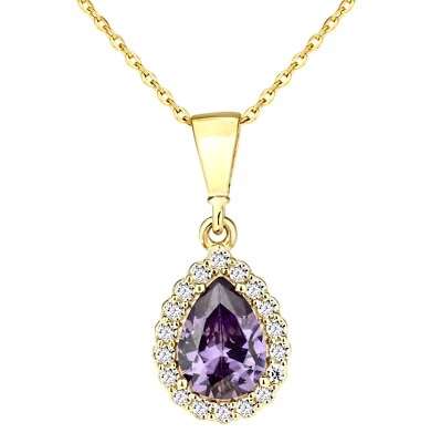 9ct Yellow Gold AMETHYST cz Teardrop Pendant Necklace + 18 inch Chain - Image 1 of 4