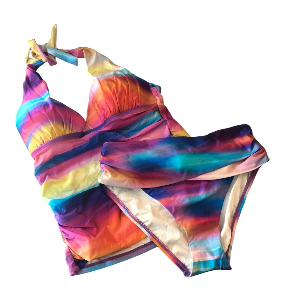 La Blanca Tankini Set Sunset Shores Tummy Control Halter Molded Cups Colorful 6 - Image 1 of 4