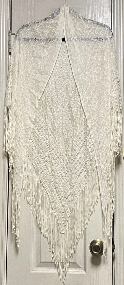 Vintage 100% Rayon ENGLISH VILLAGE Crochet Lace Fringed Shawl Made In Japan - Image 1 of 4