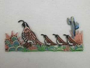 Quail Family of 4 with Cactus Southwest Scene Embroidered Iron On Patch 3.50 In - Picture 1 of 1