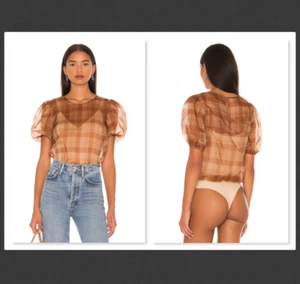 NUEVO Body Cami NYC Beige Bethany Manga Abullonada Malla Cuadros Talla Mediana. #B828 - Imagen 1 de 12