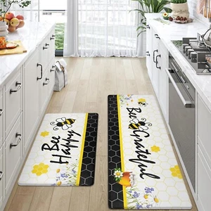 ASPMIZ Yellow Bee Kitchen Mat Anti Fatigue, Bee Happy Kitchen Rugs Sets of 2,... - Picture 1 of 9