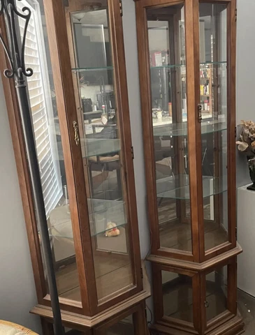 Pair of Vintage Wooden Curio Cabinet Display Cases Overhead Lighting Cover