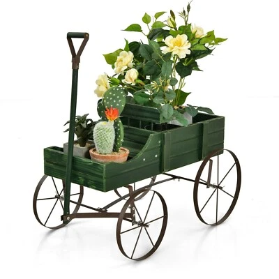Wood Wagon Flower Planter Pot Stand Bed W/Wheel Rack Garden Yard Outdoor Decor - Image 1 of 4