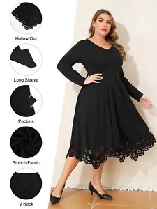 Plus Size Women V Neck Midi Dress Ladies Long Sleeve Lace Party Pockets Dresses - Picture 1 of 8