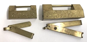 Chinese Brass Antique Locks and Keys Engraved Flowers Set of 2 Work Great - Picture 1 of 8