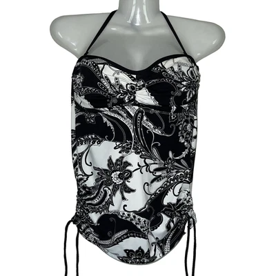 Tommy Bahama Halter Tankini Top XS Black White Floral Paisley Ruching Padded Bra - Image 1 of 4