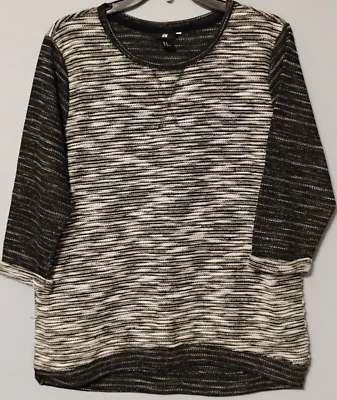 H&M Sweater Hi Lo Womens M 3/4 Cuffed Sleeves Black White Stripes Pullover - Image 1 of 4