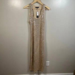 Vestido sin Mangas Midi Corte Sesgado Lentejuelas Banana Republic Talla Mediana Dorado Fiesta Evento - Imagen 1 de 9