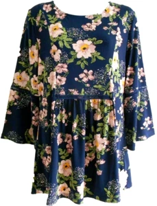 Nina Leonard Matte Jersey Floral print Bell Sleeve Tunic-Top- Navy - Small-12-14 - Picture 1 of 4