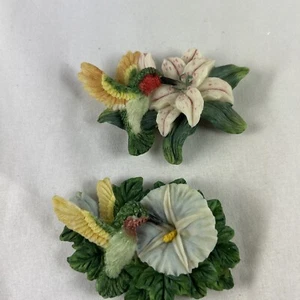 Hummingbird Flower Fridge Magnet Set Of 2 Lily Pansy 3” Ceramic - Picture 1 of 4