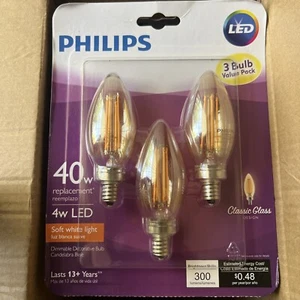 Philips Soft White 40W/4W Dimmable LED Classic Glass Candelabra Base 3 Pack - Picture 1 of 3